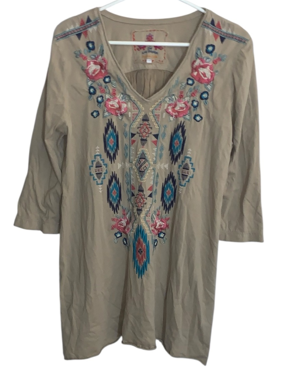 JW Los Angeles (Johnny Was) Beige Tunic with Pink Floral & Teal Embroidery